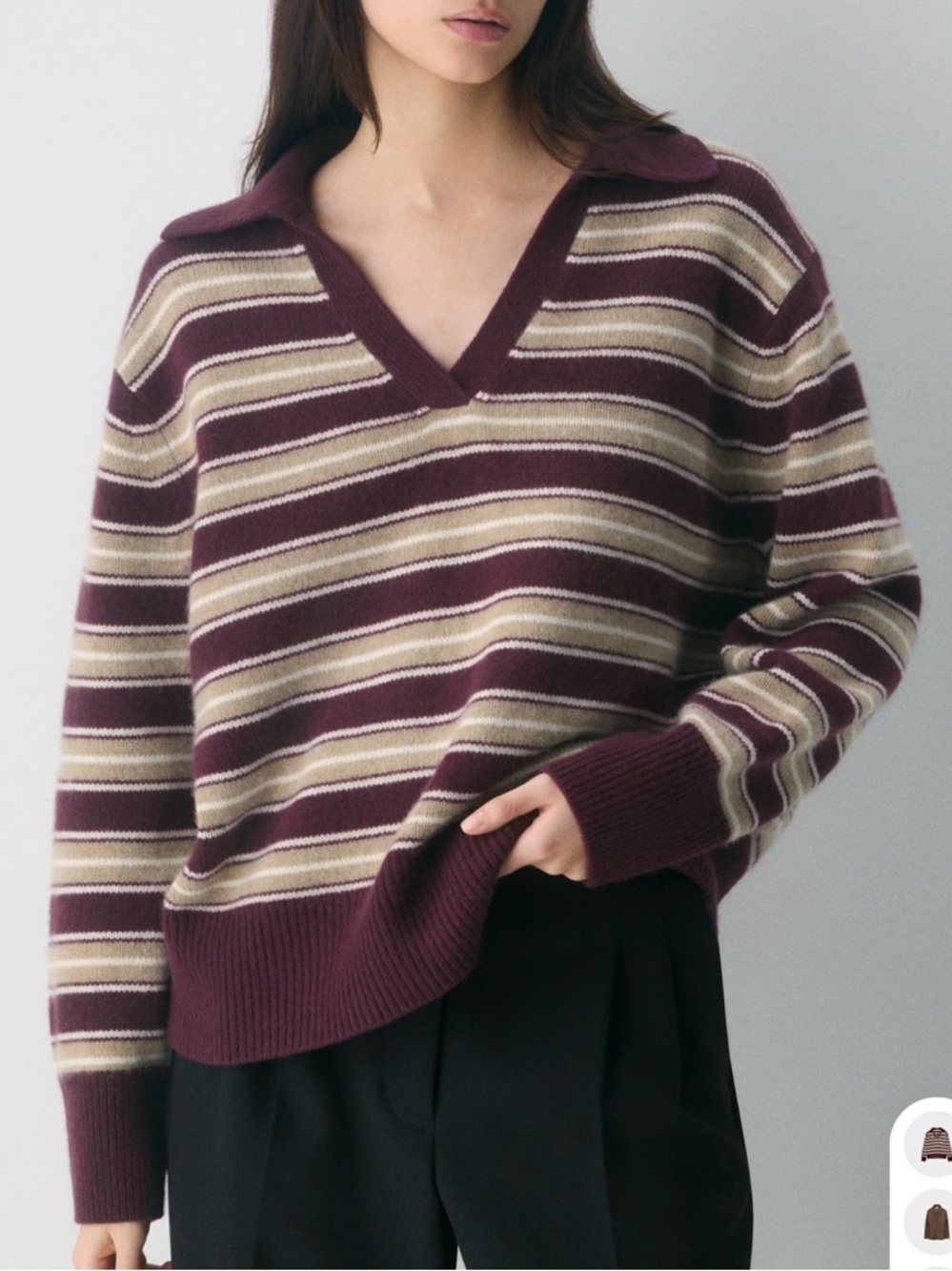 Aritzia Plush Cashmere Striped Polo Sweater in Plum and Cream - Picture 2 of 7
